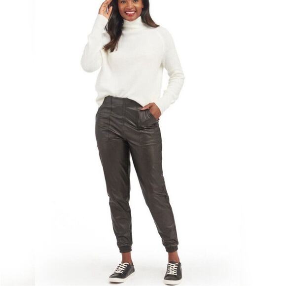 Spanx Black Faux Leather Like Joggers Pants M Elastic Waist High Waist - Picture 1 of 16